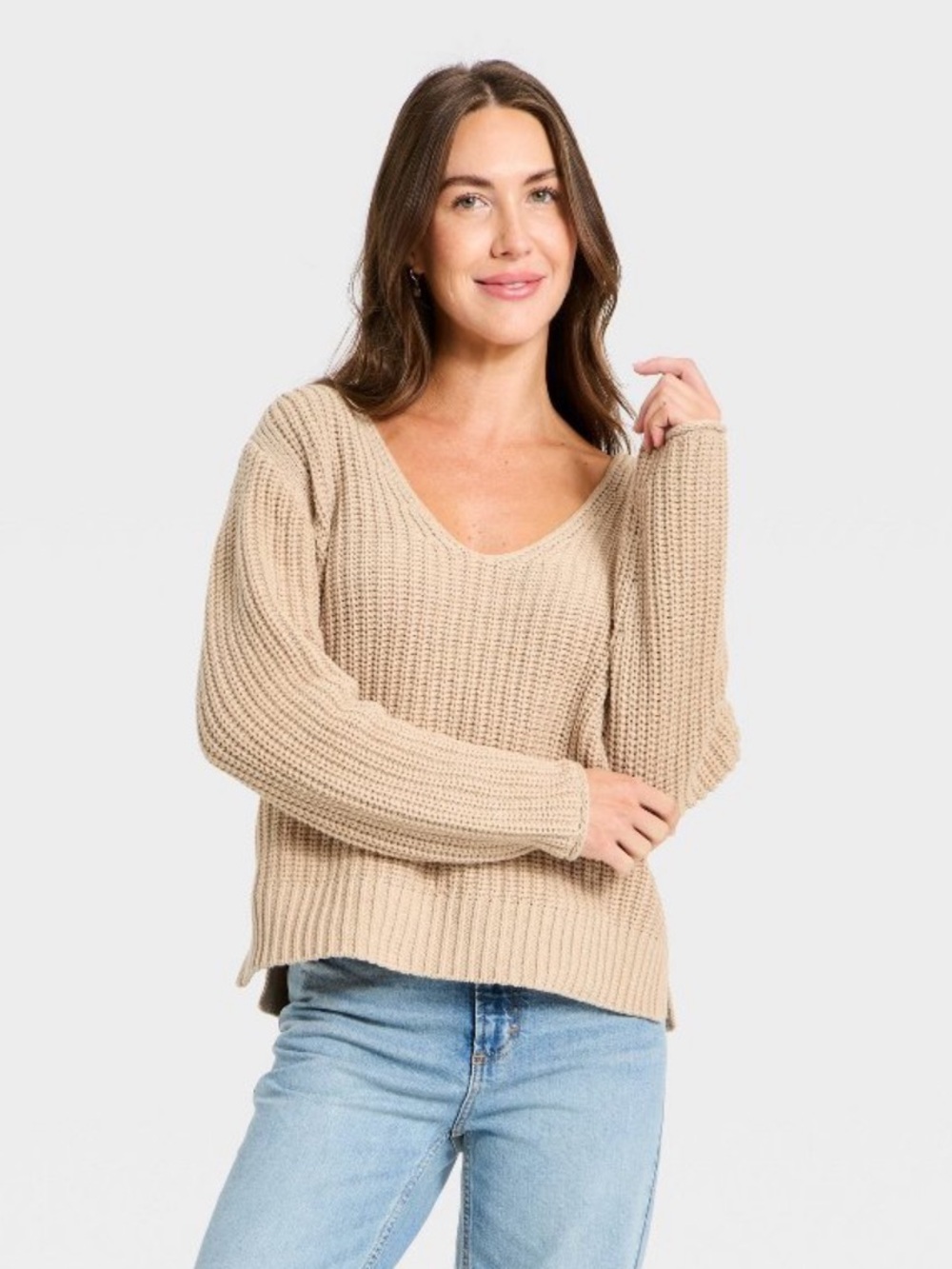 Universal Thread Wide V-Neck Pullover Sweater Tan NWT